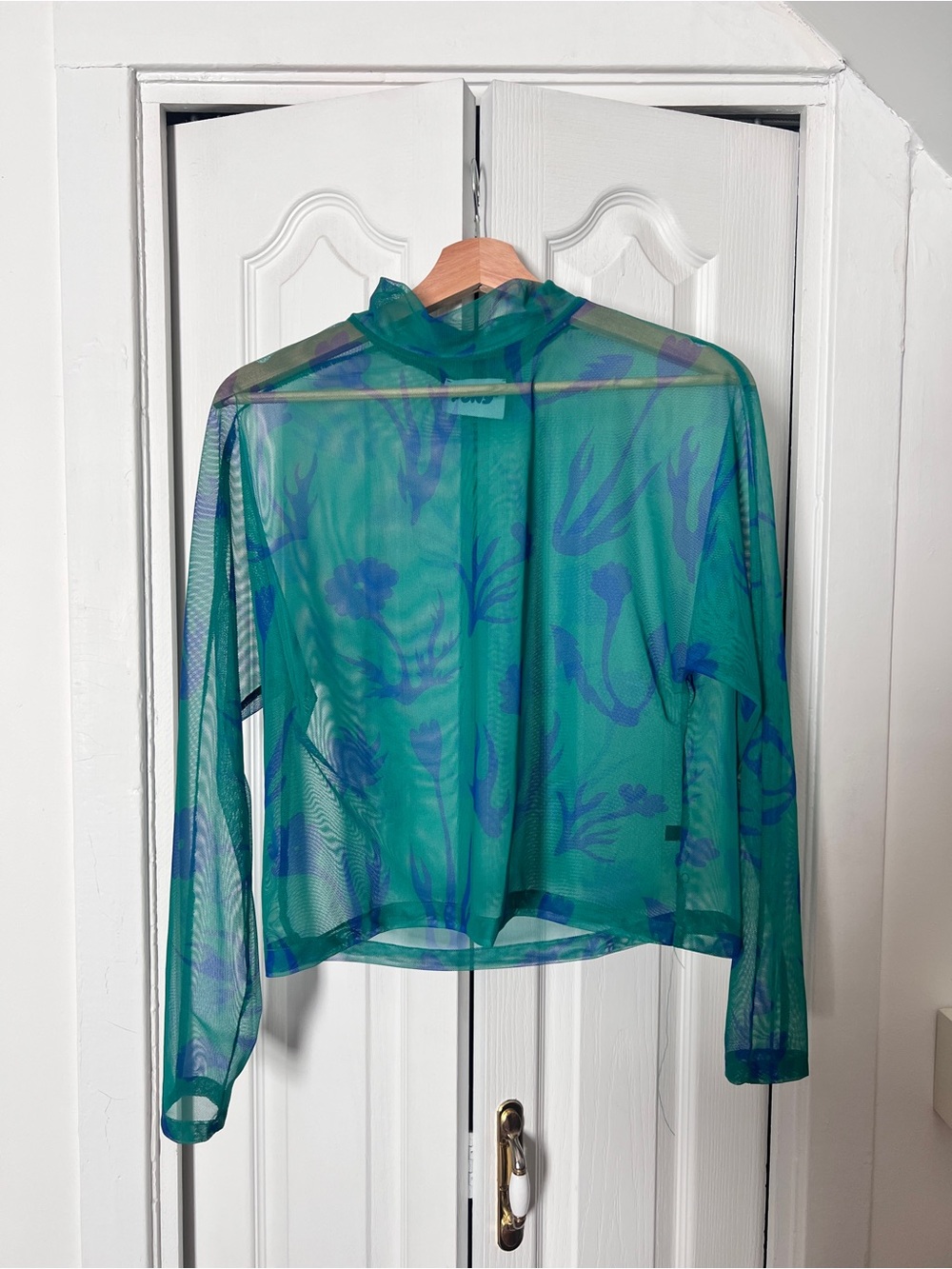 Pony MTL!! Sheer Green and blue Print Long-Sleeve Top